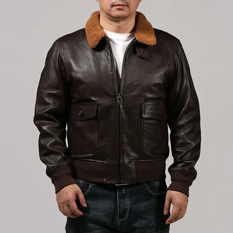 image-G1 Men's Brown Goat Leather Flight Jacket Wool Collar