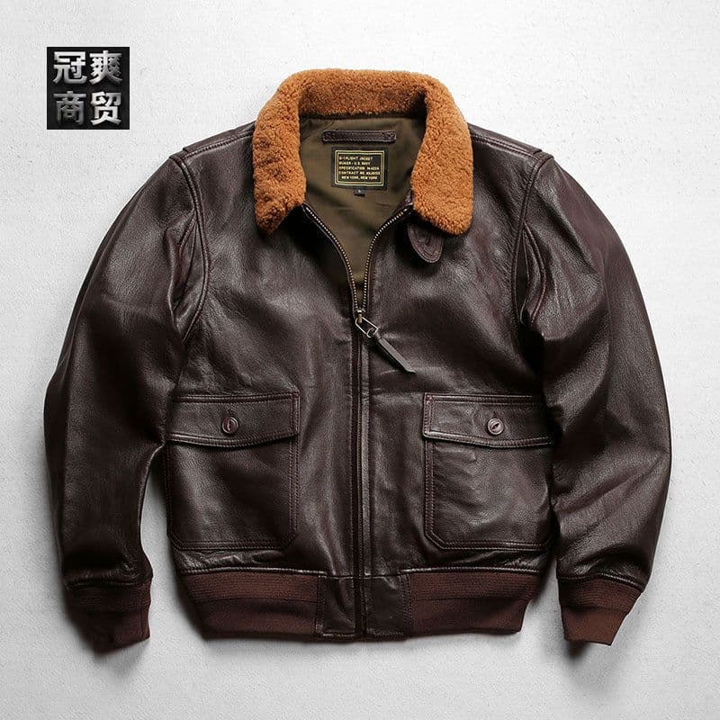 image-G1 Men's Brown Goat Leather Flight Jacket Wool Collar