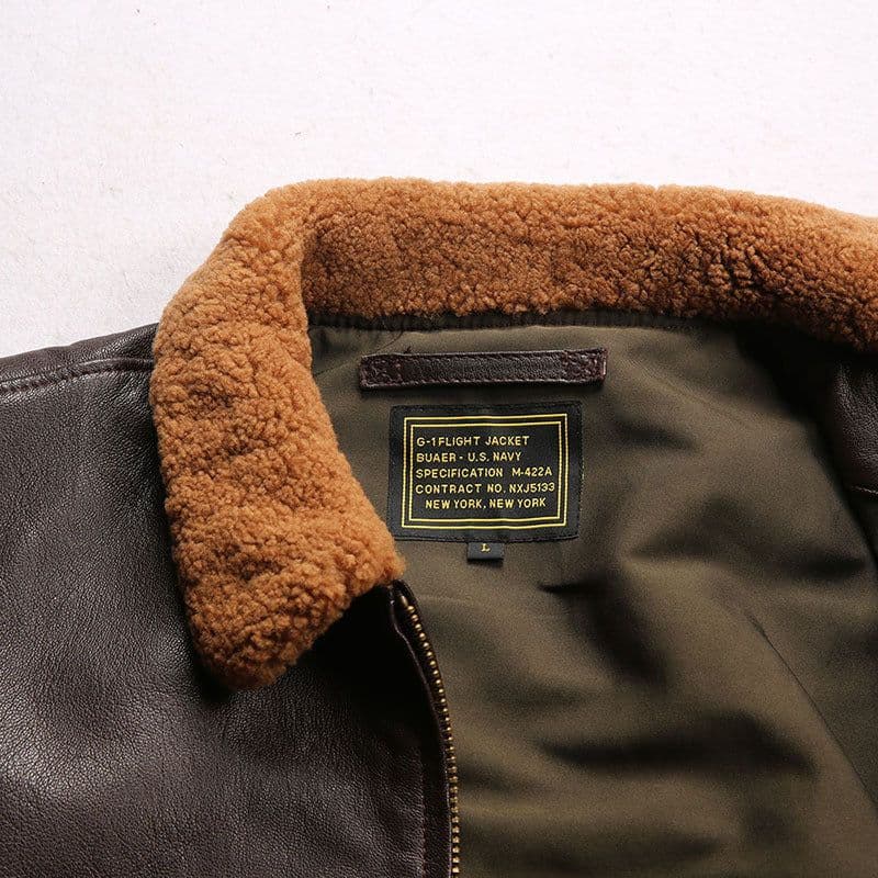 image-G1 Men's Brown Goat Leather Flight Jacket Wool Collar