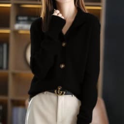 image-Women's Stand Collar Knit Cardigan Sweater Three-Quarter Sleeve