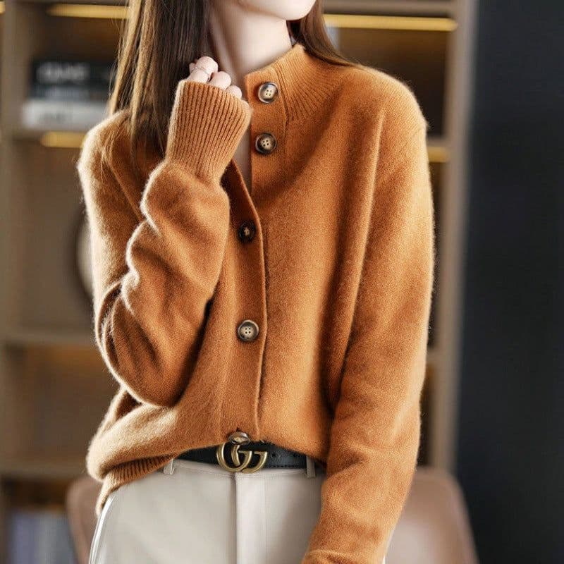 image-Women's Stand Collar Knit Cardigan Sweater Three-Quarter Sleeve