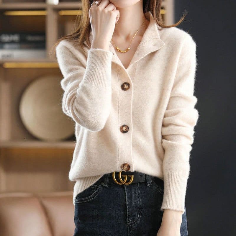 image-Women's Stand Collar Knit Cardigan Sweater Three-Quarter Sleeve