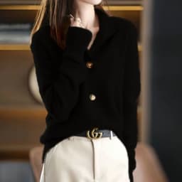 image-Women's Stand Collar Knit Cardigan Sweater Three-Quarter Sleeve