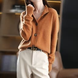 image-Women's Stand Collar Knit Cardigan Sweater Three-Quarter Sleeve