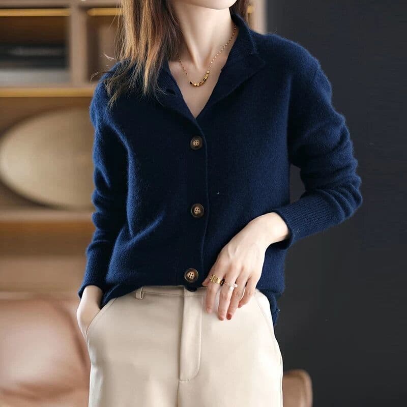 image-Women's Stand Collar Knit Cardigan Sweater Three-Quarter Sleeve