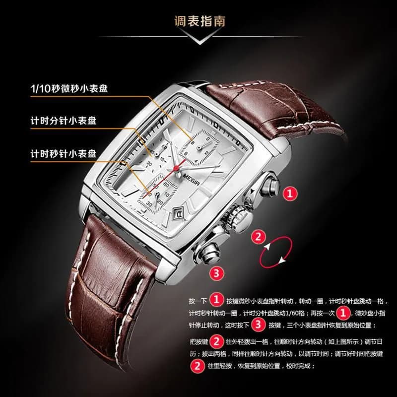 image-MEGIR 2028 Men's Square Quartz Watch Leather Strap Waterproof