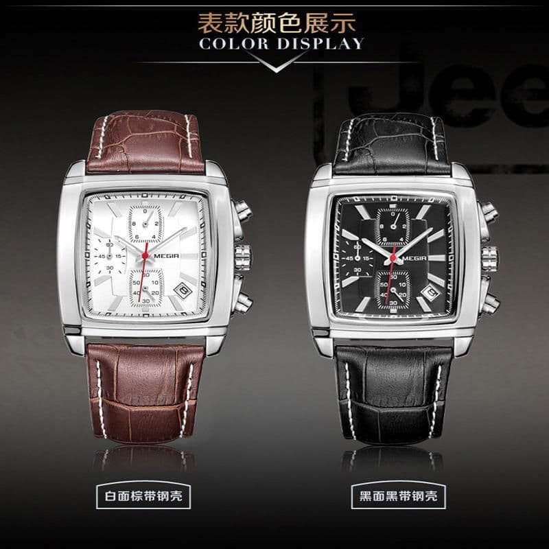 image-MEGIR 2028 Men's Square Quartz Watch Leather Strap Waterproof