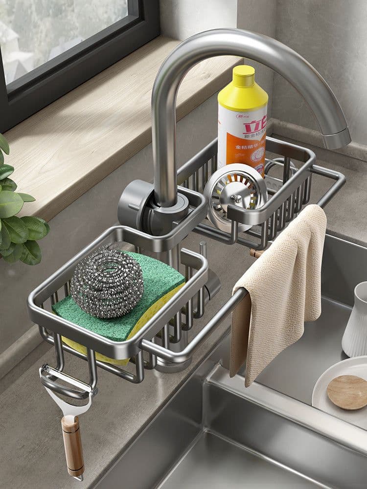 image-Kitchen Sink Organizer Rack Space Aluminum Drain Storage Holder