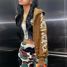 image-K21TP497 Women's Brown Letter Print Hooded Zip Cardigan Sweater
