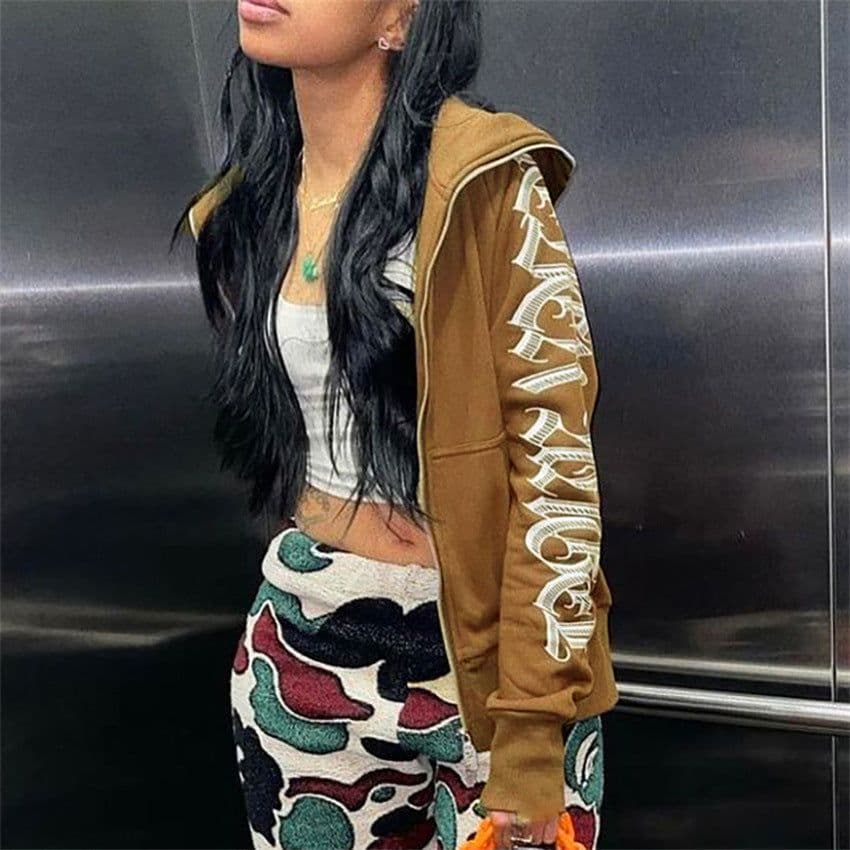 image-K21TP497 Women's Brown Letter Print Hooded Zip Cardigan Sweater