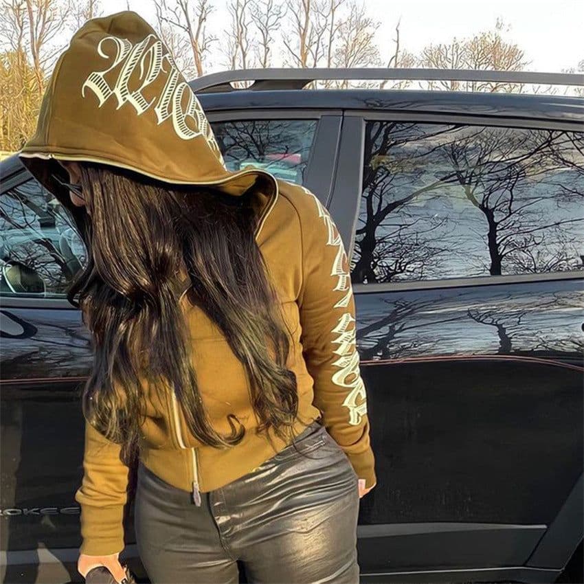 image-K21TP497 Women's Brown Letter Print Hooded Zip Cardigan Sweater