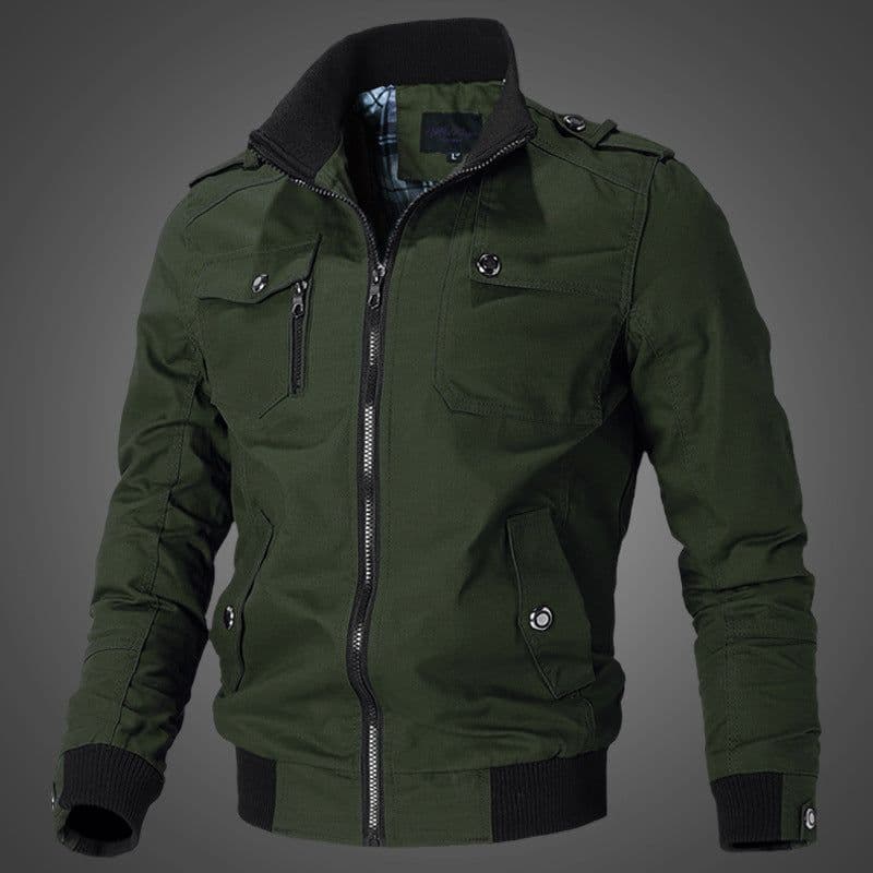 image-Men's Blue Cotton Jacket Stand Collar Zip Casual Slim Fit Autumn