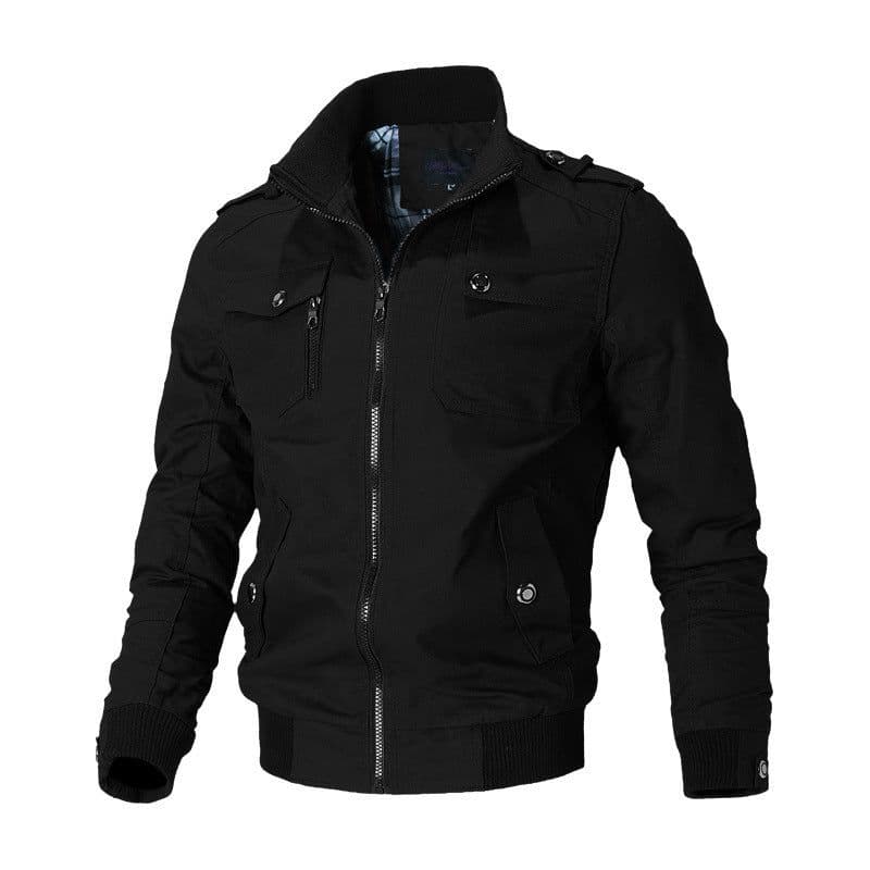 image-Men's Blue Cotton Jacket Stand Collar Zip Casual Slim Fit Autumn