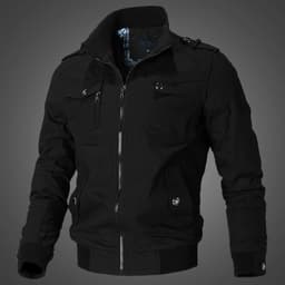 image-Men's Blue Cotton Jacket Stand Collar Zip Casual Slim Fit Autumn
