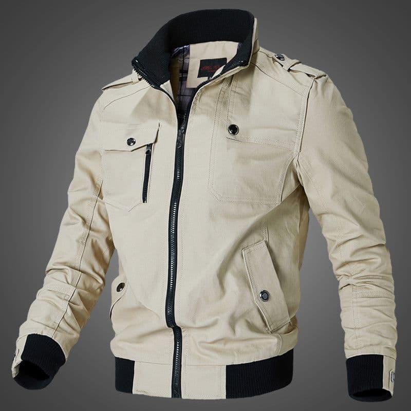 image-Men's Blue Cotton Jacket Stand Collar Zip Casual Slim Fit Autumn