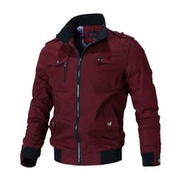 image-Men's Blue Cotton Jacket Stand Collar Zip Casual Slim Fit Autumn