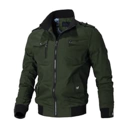 image-Men's Blue Cotton Jacket Stand Collar Zip Casual Slim Fit Autumn