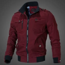 image-Men's Blue Cotton Jacket Stand Collar Zip Casual Slim Fit Autumn