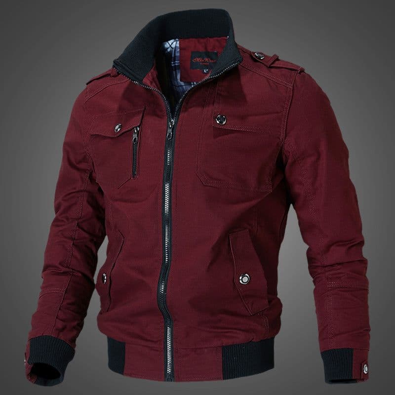 image-Men's Blue Cotton Jacket Stand Collar Zip Casual Slim Fit Autumn
