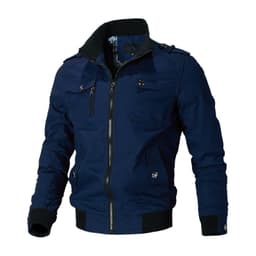 image-Men's Blue Cotton Jacket Stand Collar Zip Casual Slim Fit Autumn