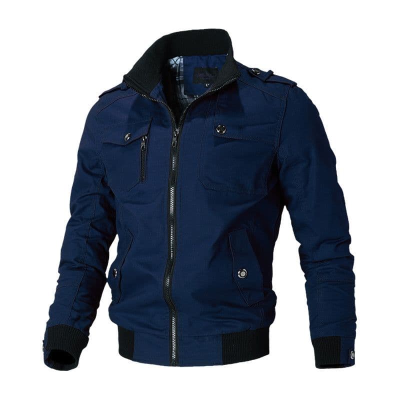 image-Men's Blue Cotton Jacket Stand Collar Zip Casual Slim Fit Autumn
