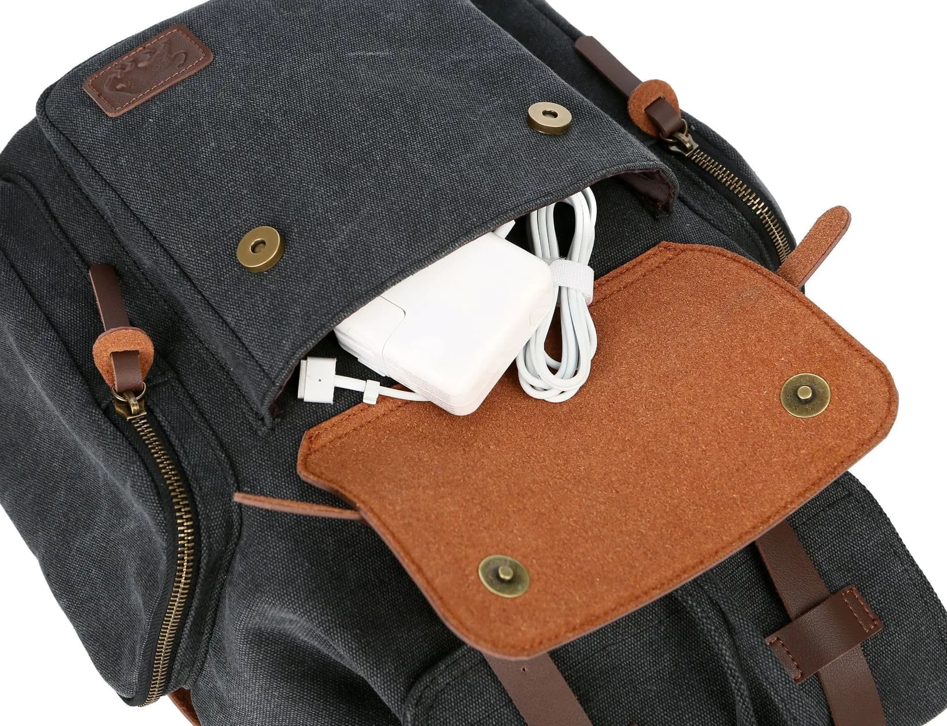 image-Wabago Men's Canvas Leather Backpack 30x42x14cm Business Laptop Bag