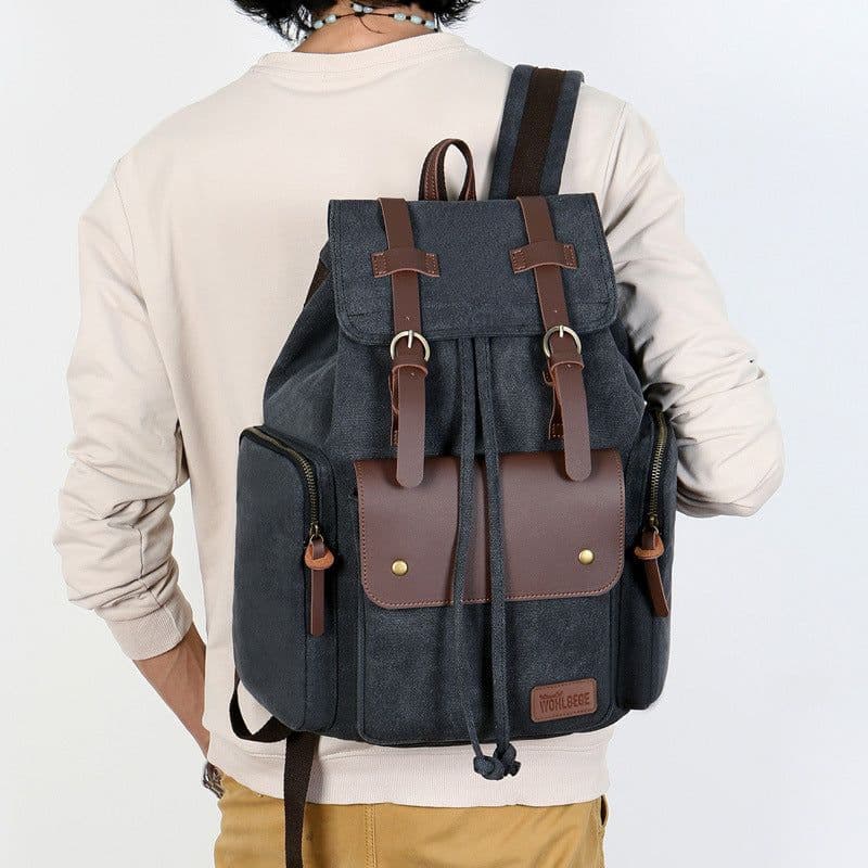 image-Wabago Men's Canvas Leather Backpack 30x42x14cm Business Laptop Bag