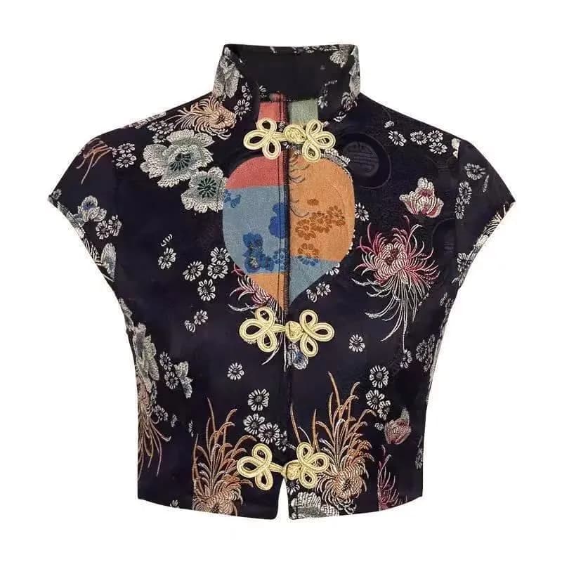 image-Floral Embroidered Satin Two-Piece Set Sleeveless Top Short Skirt