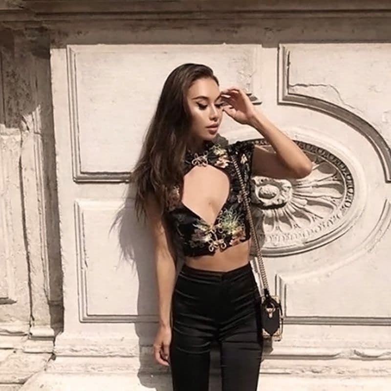 image-Floral Embroidered Satin Two-Piece Set Sleeveless Top Short Skirt