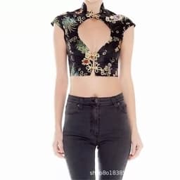 image-Floral Embroidered Satin Two-Piece Set Sleeveless Top Short Skirt
