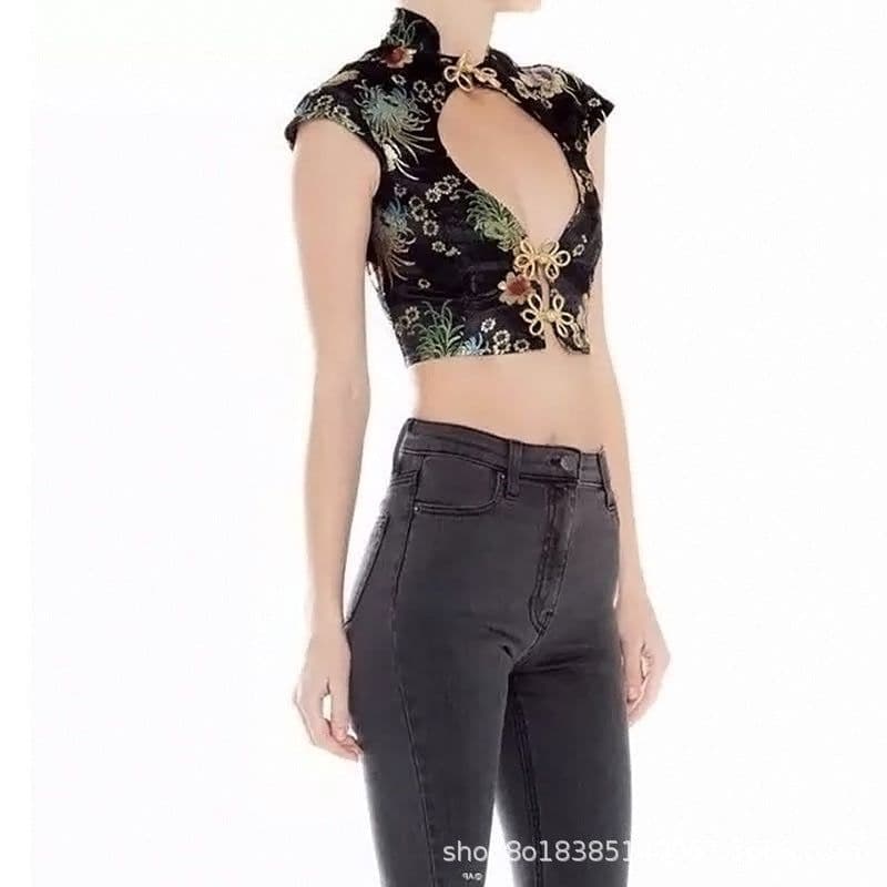 image-Floral Embroidered Satin Two-Piece Set Sleeveless Top Short Skirt