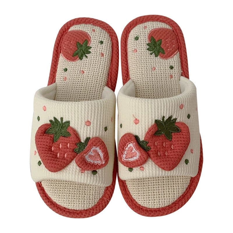 image-Women's Cotton Linen Strawberry Slippers Indoor Home Sandals