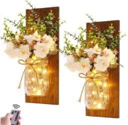 image-Retro Wooden Board Mason Jar Wall Lamp with Artificial Flowers