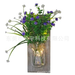 image-Retro Wooden Board Mason Jar Wall Lamp with Artificial Flowers