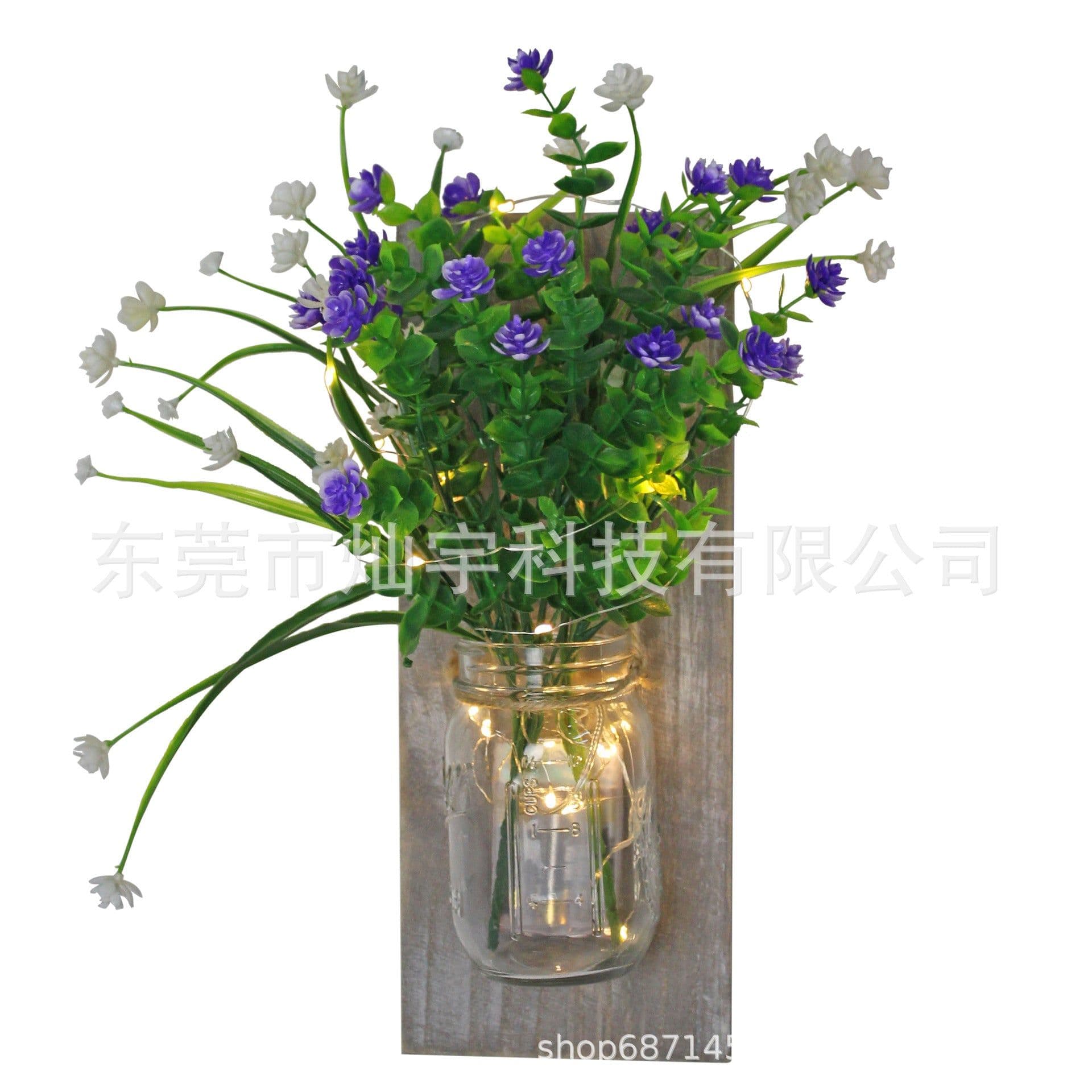 image-Retro Wooden Board Mason Jar Wall Lamp with Artificial Flowers