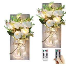 image-Retro Wooden Board Mason Jar Wall Lamp with Artificial Flowers