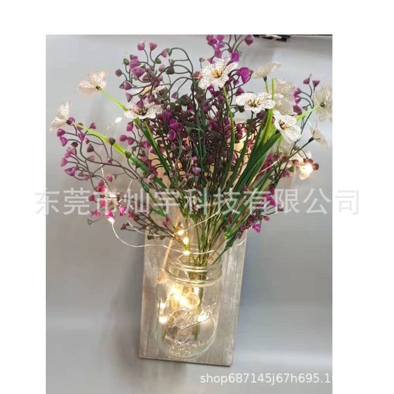 image-Retro Wooden Board Mason Jar Wall Lamp with Artificial Flowers