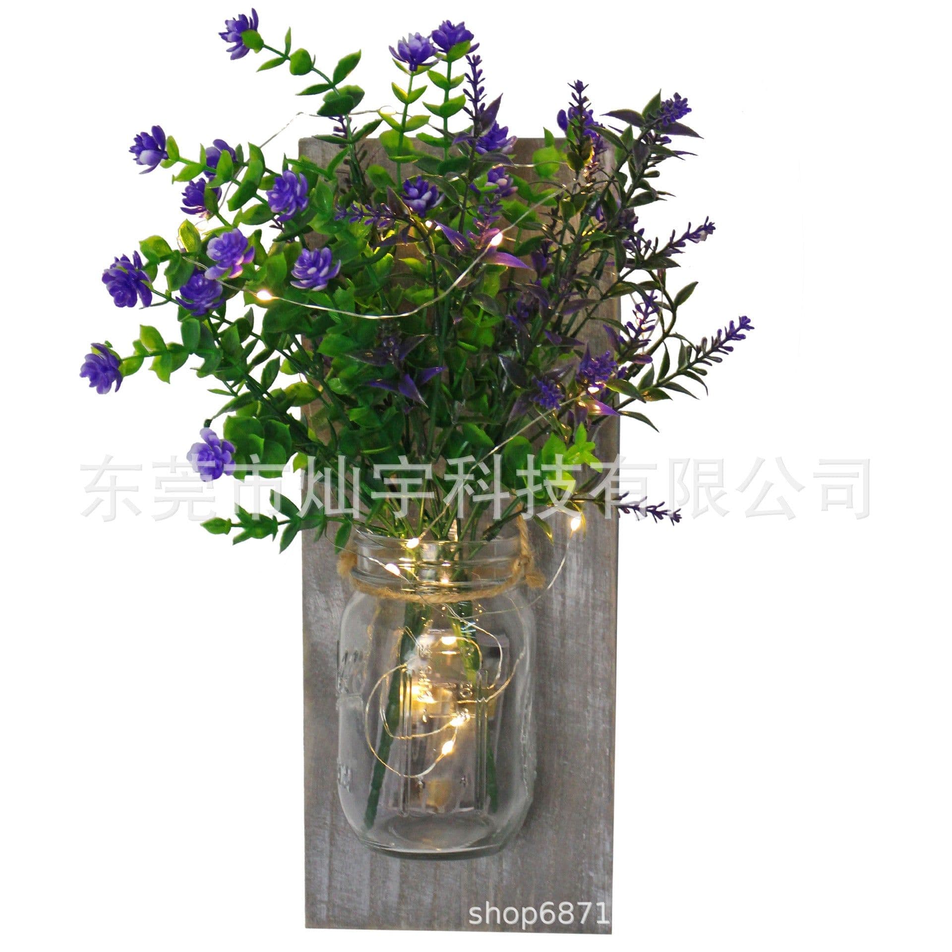image-Retro Wooden Board Mason Jar Wall Lamp with Artificial Flowers