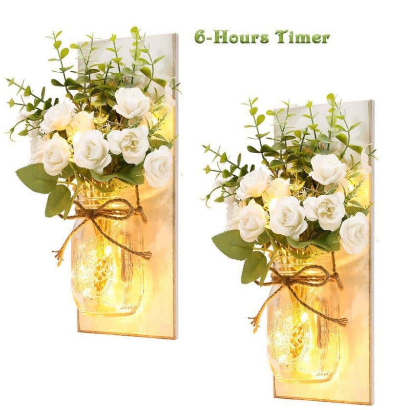 image-Retro Wooden Board Mason Jar Wall Lamp with Artificial Flowers
