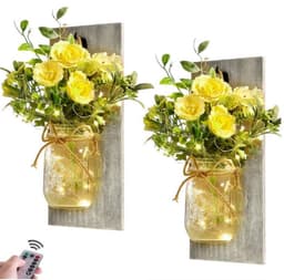 image-Retro Wooden Board Mason Jar Wall Lamp with Artificial Flowers