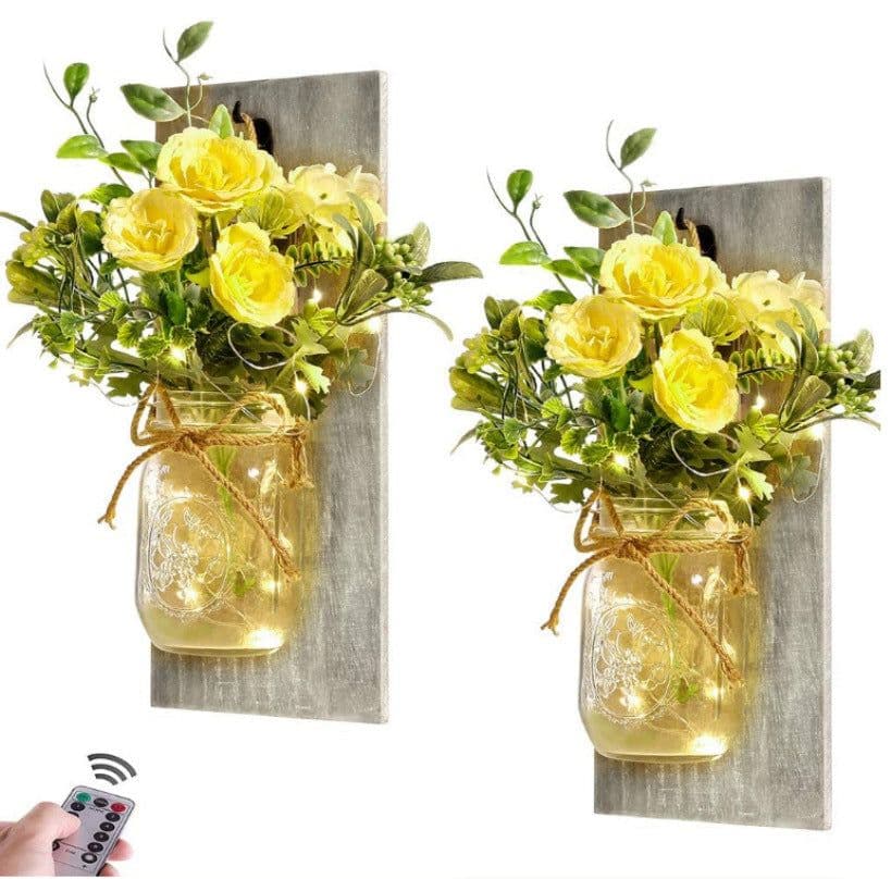image-Retro Wooden Board Mason Jar Wall Lamp with Artificial Flowers