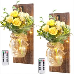 image-Retro Wooden Board Mason Jar Wall Lamp with Artificial Flowers