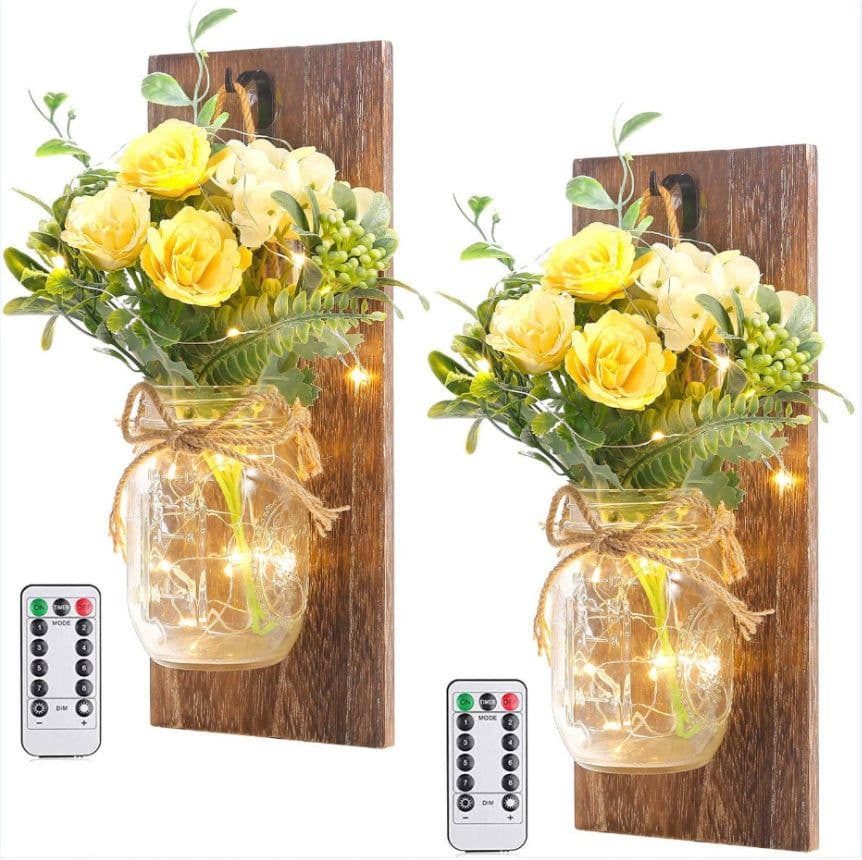image-Retro Wooden Board Mason Jar Wall Lamp with Artificial Flowers