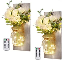 image-Retro Wooden Board Mason Jar Wall Lamp with Artificial Flowers