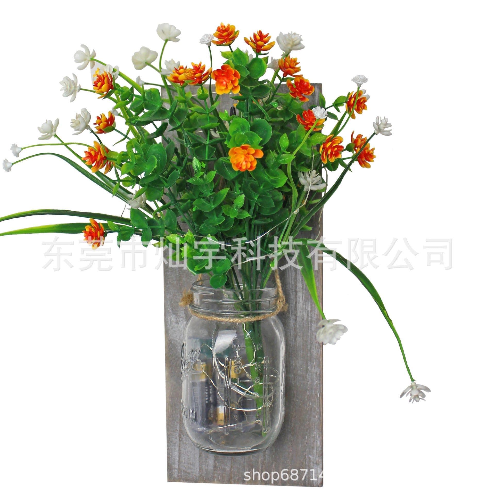 image-Retro Wooden Board Mason Jar Wall Lamp with Artificial Flowers