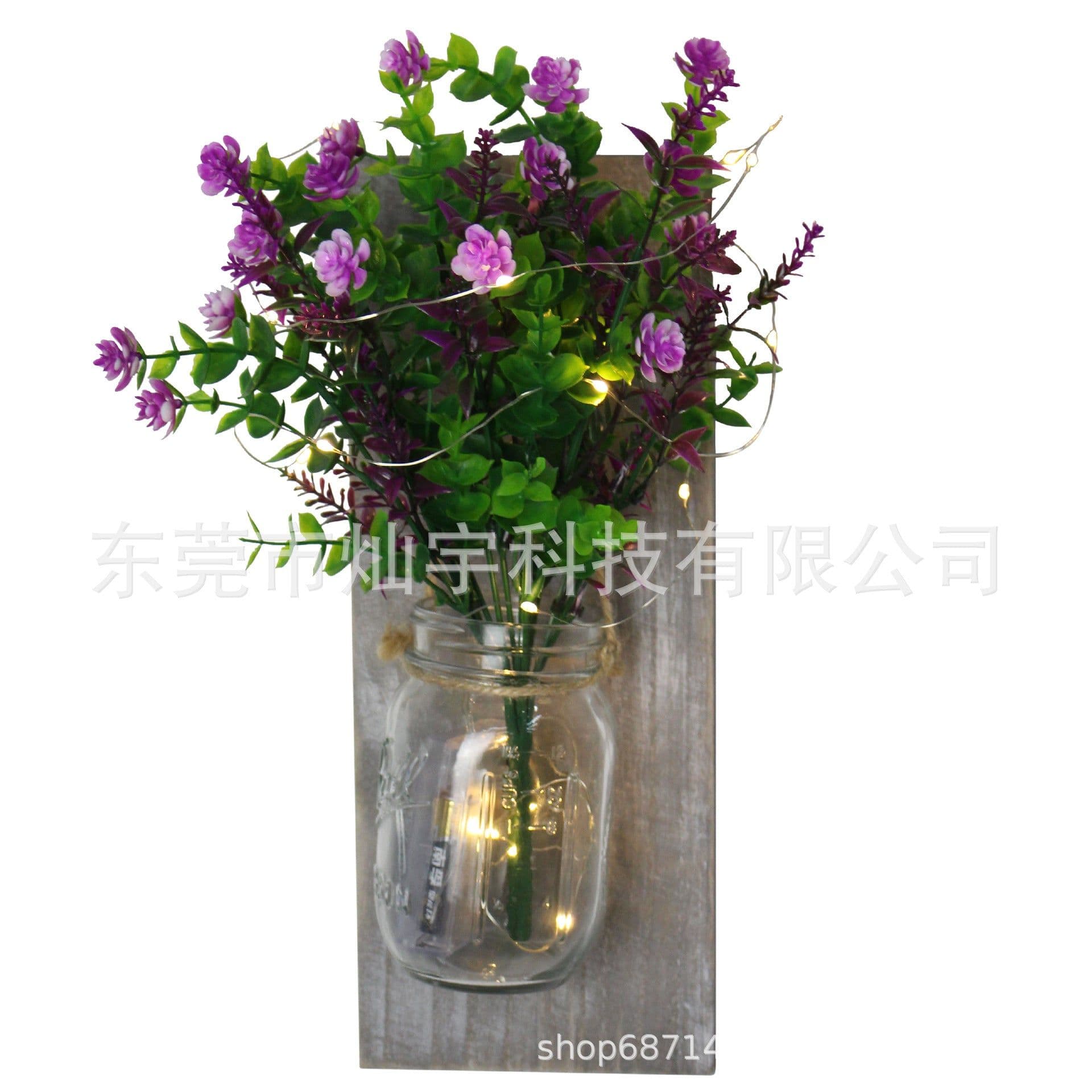 image-Retro Wooden Board Mason Jar Wall Lamp with Artificial Flowers
