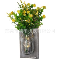 image-Retro Wooden Board Mason Jar Wall Lamp with Artificial Flowers