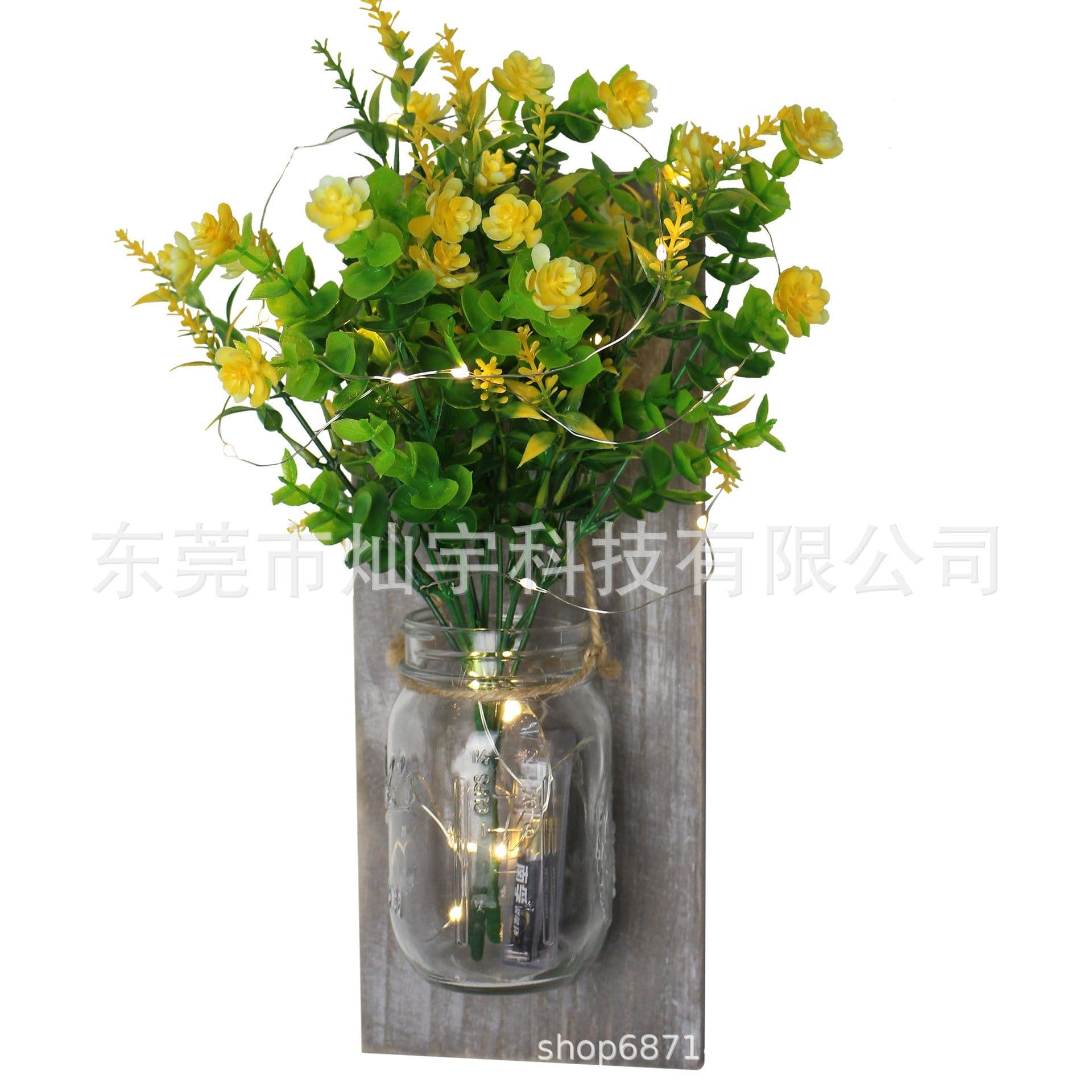 image-Retro Wooden Board Mason Jar Wall Lamp with Artificial Flowers
