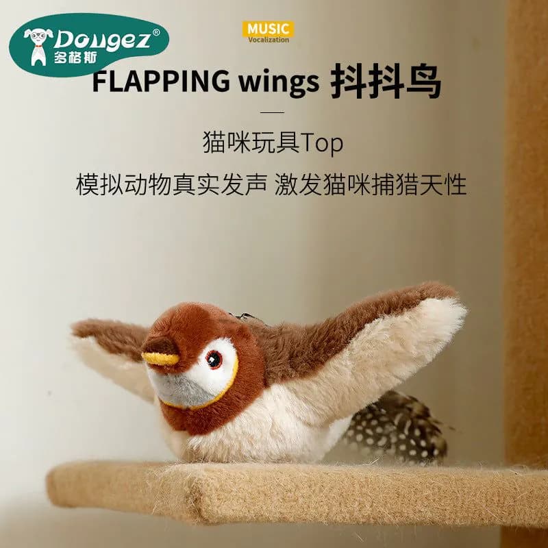image-Electric Plush Cat Toy with Flapping Wings and Sound - Simulation Bird