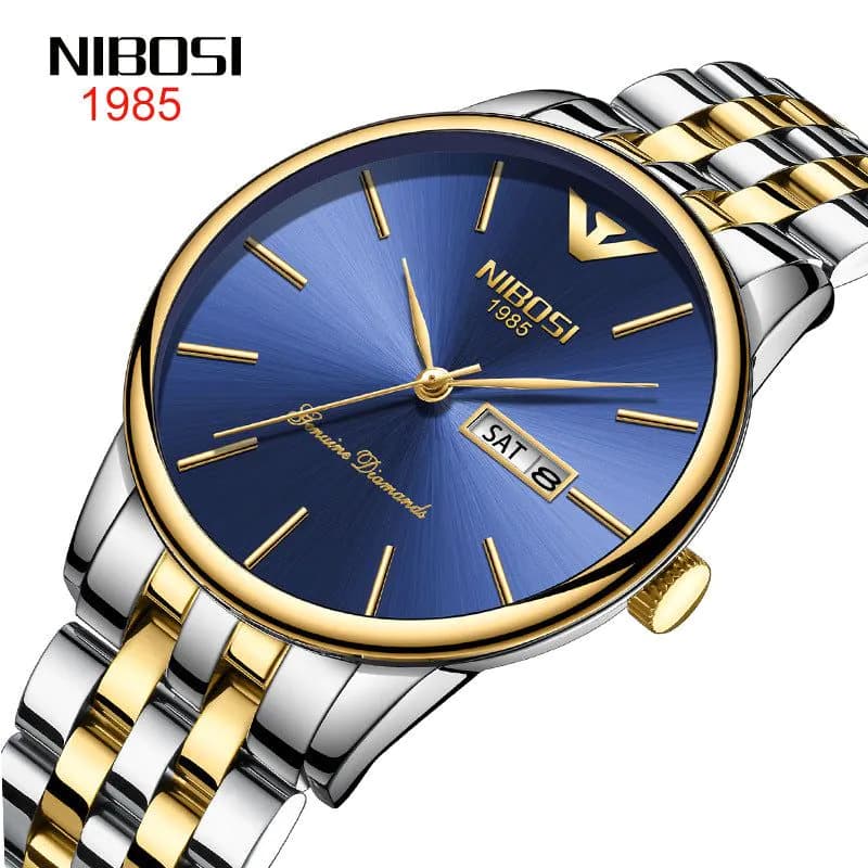 image-NIBOSI 2332 Men's Watch Gold Calendar Stainless Steel Waterproof 30M